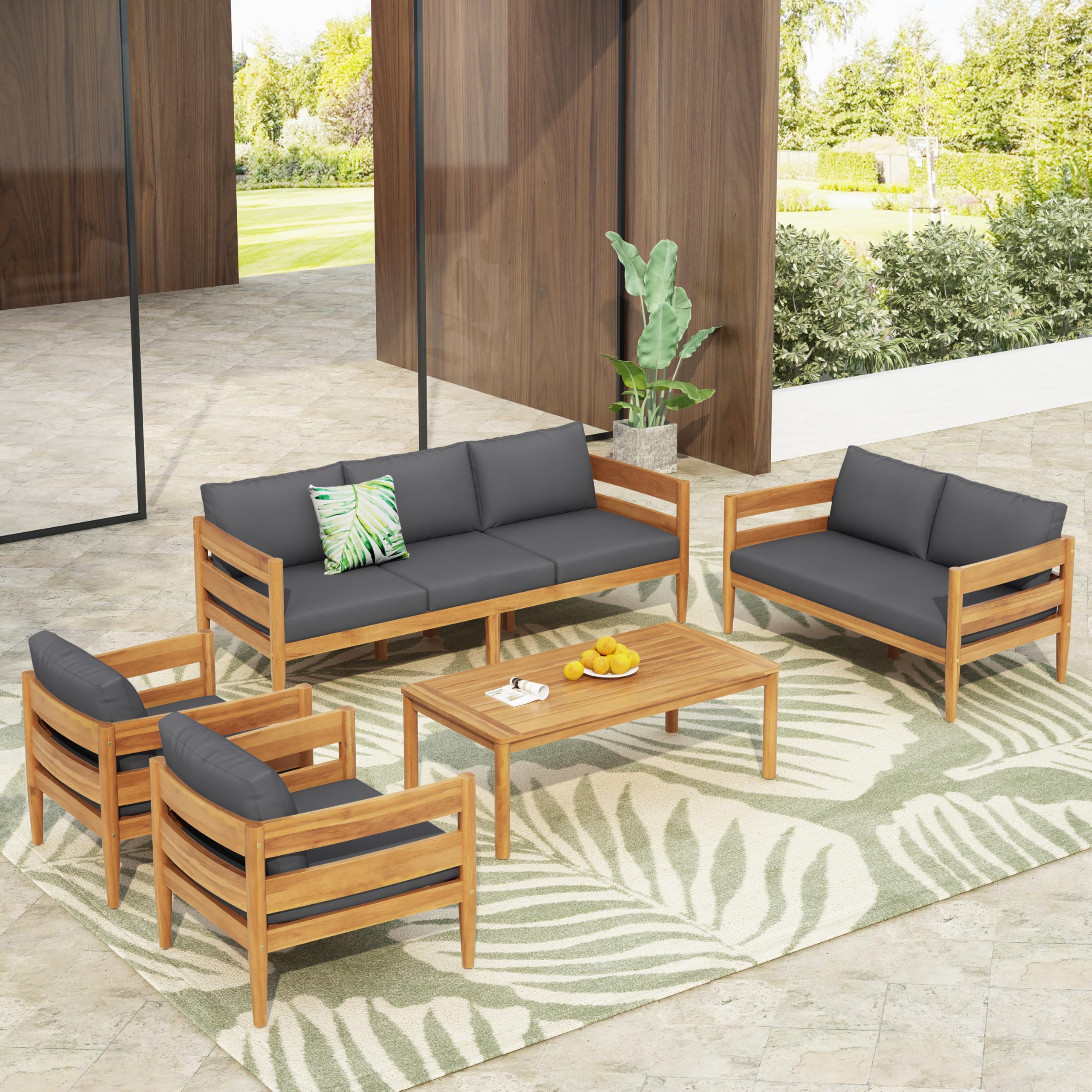 Christopher Knight Home 5-Piece Outdoor Patio Furniture Set, Acacia Wood Conversation Set with 3 Seater Sofa Loveseat Coffee Table and 2 Single