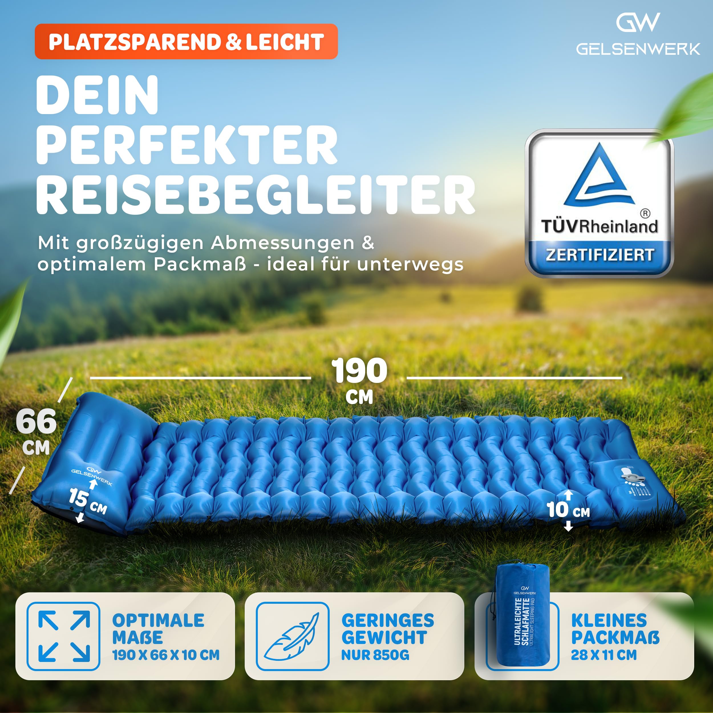 Isomatte Camping Ultraleicht 10cm & kleines Packmaß - Camping Luftmatratze mit Fußpumpe & Kopfkissen - Outdoor Schlafmatte isolierend für Wandern & Zelten