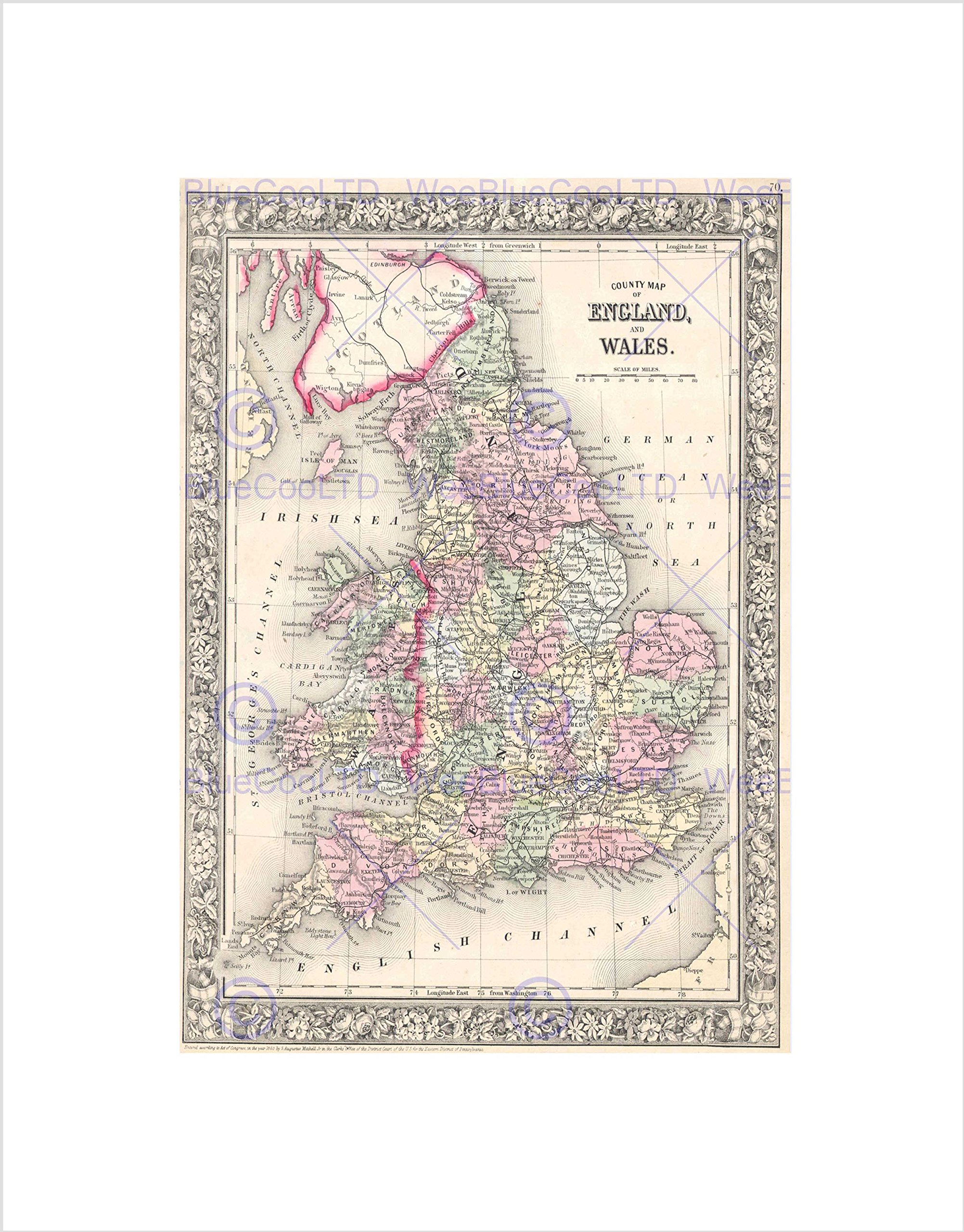 Wee Blue Coo 1864 Mitchell Map England And Wales Vintage Wall Art Print