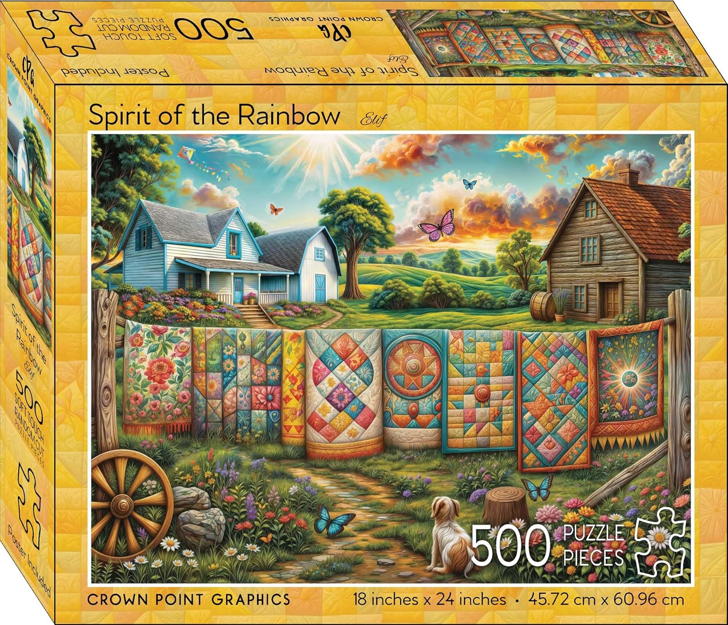 Crown Point Graphics Spirit of The Rainbow 500 Piece Puzzle, Farmhouse Quilt Art Country Scene Jigsaw, Soft Touch Texture with Poster