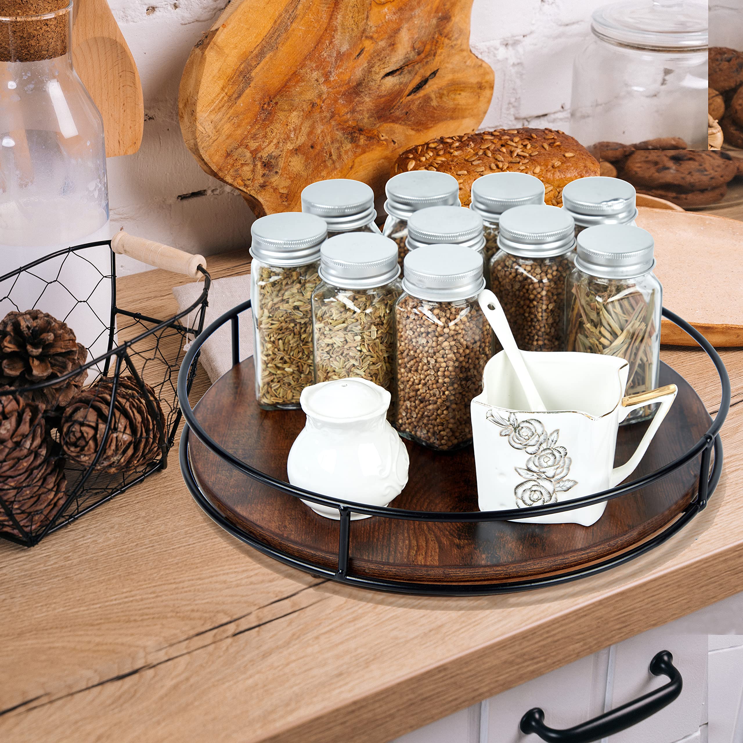 12 Inch Wood Lazy Susan Turntable for Table, Kitchen Rustic Brown Turntable Organizer with Steel Frame, 360 Degree Decorative Turntable for Countertop Cabinet or Centerpieces