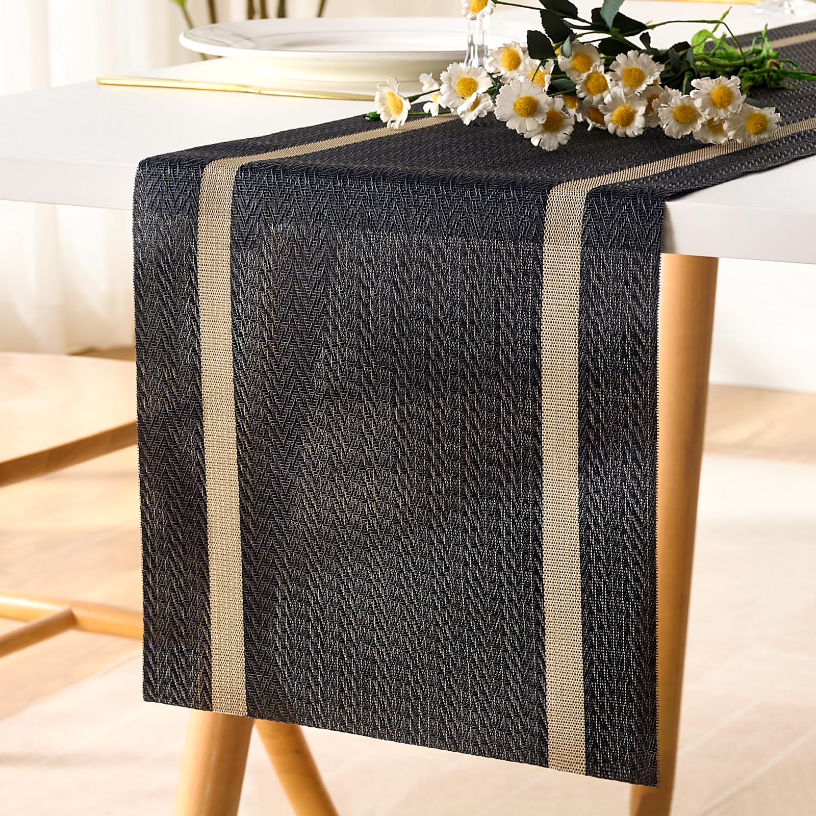 LRartdeco Camino de Mesa Moderno, Caminos de Mesa Oro Negro, Centro de Mesa Decorativo Salon, Table Runner PVC Washable, Cortar‌ Libremente, para Decoracion Mesa Comedor, 30 x 180 cm