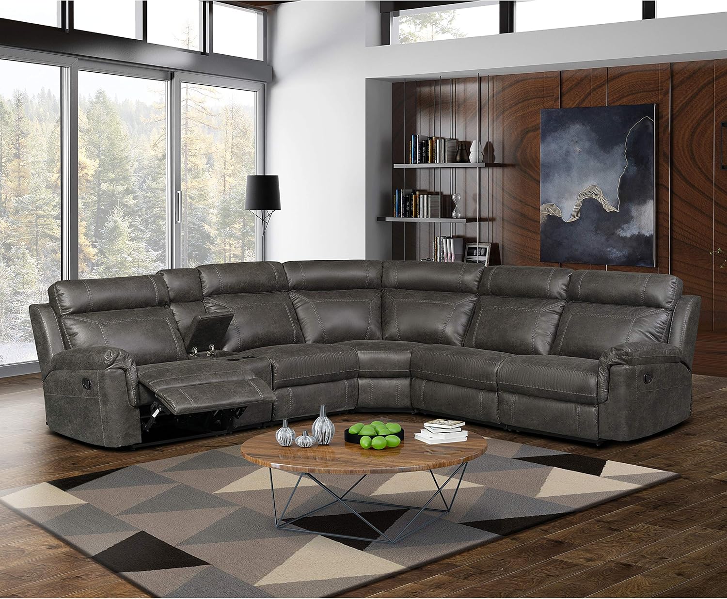 AC Pacific Clark 6 Piece Power Reclining Sectional Sofa Set for Living Rooms, Upholstered Living Room Recliner Couch with Storage Console and Cup Holders, Contemporary Furniture, Dark Grey