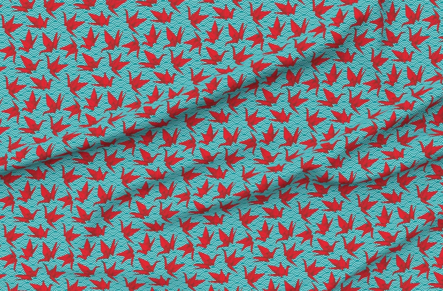 Spoonflower Fabric - Cranes Origami Scales Waves Sea Ocean Abstract Geometric Japanese Printed on Organic Cotton Sateen Fabric by The Yard - Sewing Quilting Apparel Home Decor