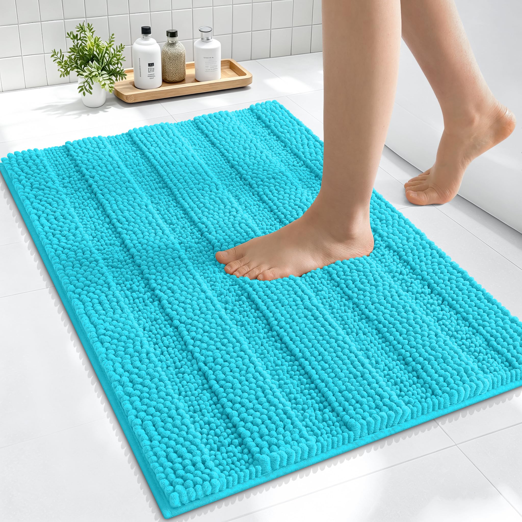 Smiry Thick Small Chenille Bathroom Rugs 24x16, Soft Bath Mat, Aqua Sky