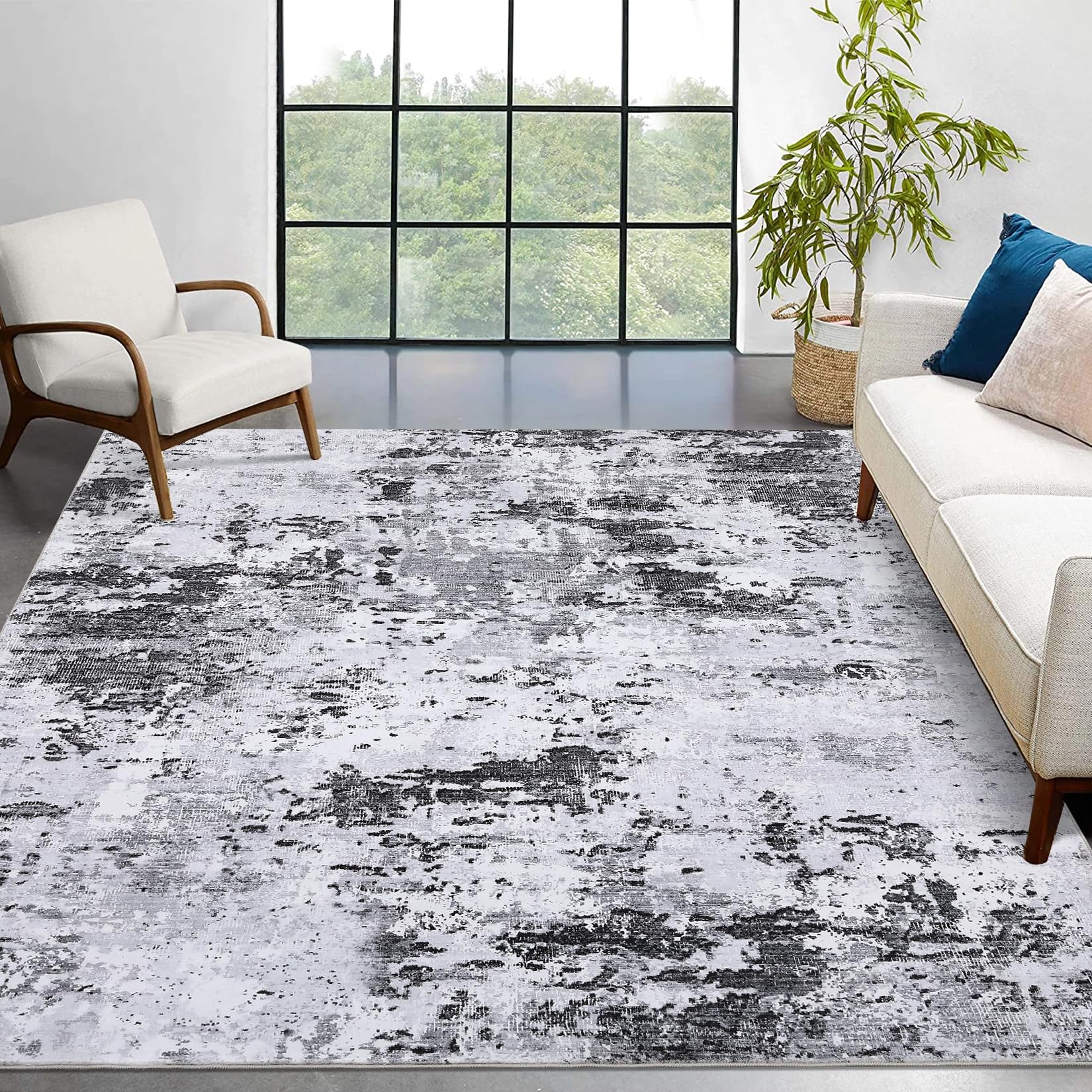 Grand tapis moderne abstrait gris pour salon et chambre chaleureuse