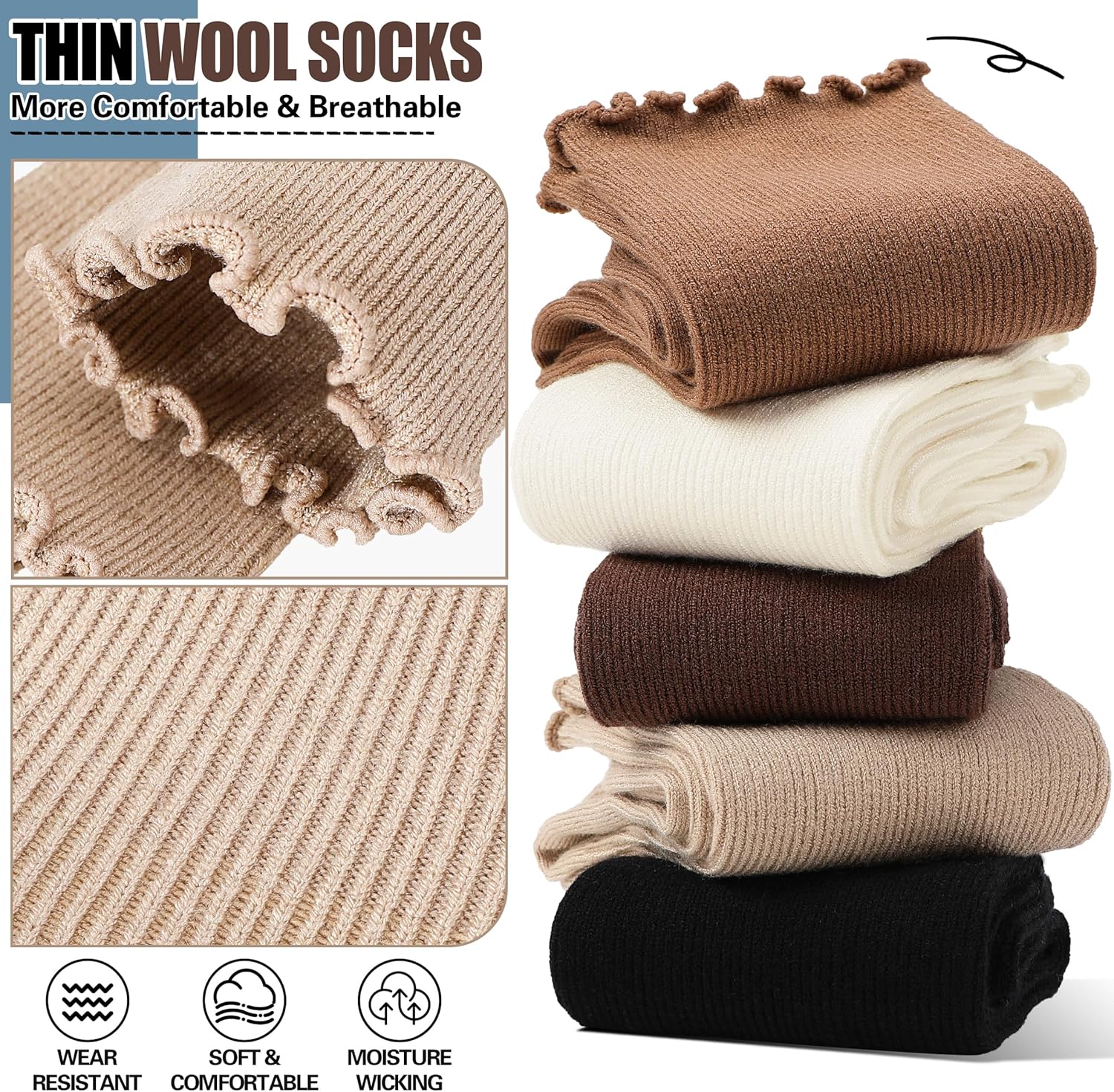 Thin Merino Wool Ruffle Boot Socks Warm Winter Cozy Frilly Soft Casual Breathable Socks for Womens 5 Pairs - Image 2