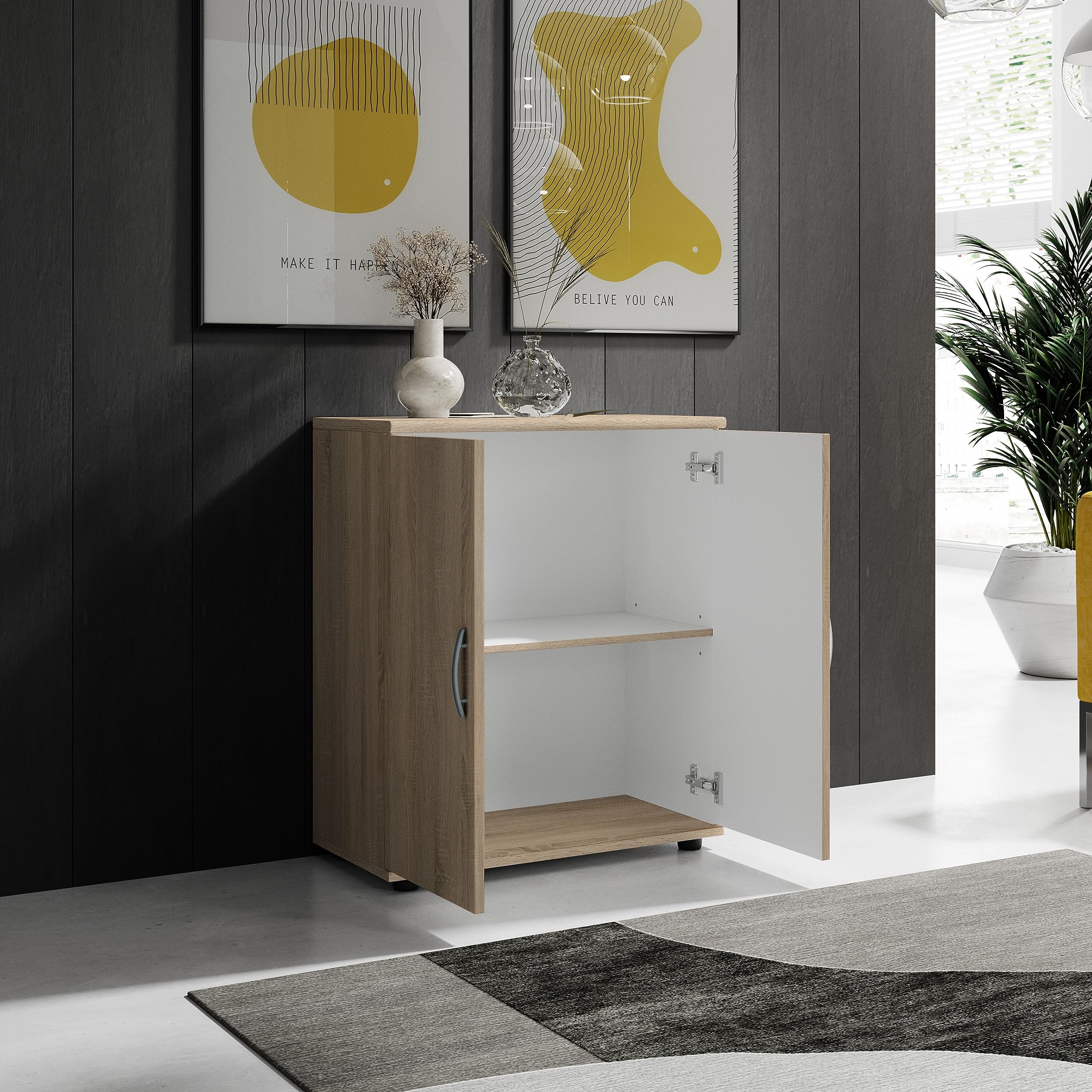 Stella Trading LILLY Commode en aspect chêne Sonoma - Commode moderne avec beaucoup d'espace de rangement pour le salon, la salle à manger et l'entrée - 60 x 70 x 30 cm (L/H/P)