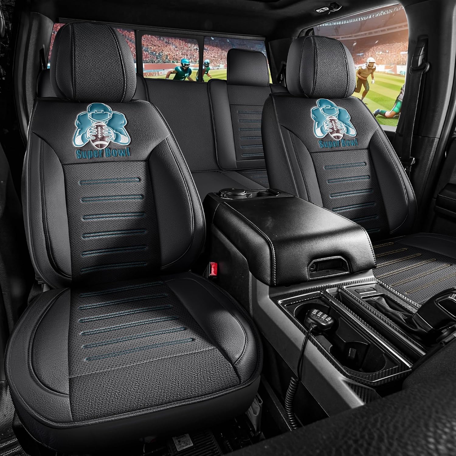 Red Rain Car Seat Cover Full Coverage Black and Blue Leather Fit for 2012-2026 Ford F150 F250 F350 F450 Supercrew Super Duty Crew Cab Pickup XL XLT Lariat King Ranch Platinum(UF150-Black+Blue)