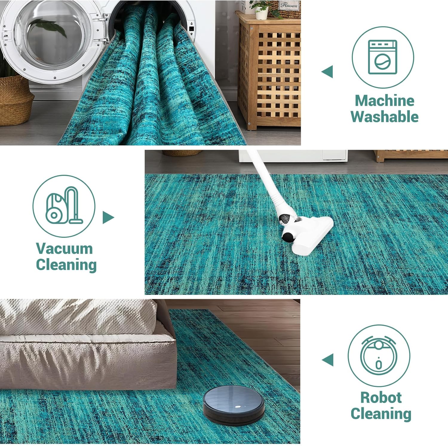 Washable Runner Rugs 2x6, Vintage Distressed Non-Slip Kitchen Rug Runner, Retro Abstract Low Pile Rug Runners for Hallways Soft Carpet Runners for Bedroom Laundry Room, Teal Multi - Image 5