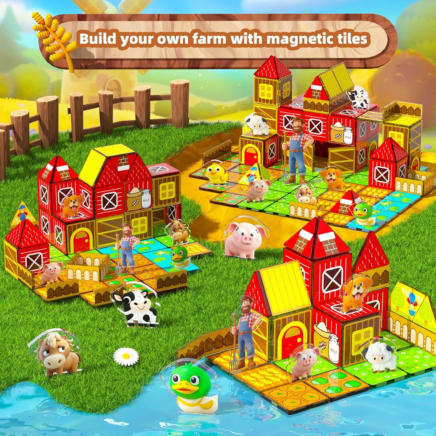 GobiDex Magnetic Tiles with Farm Animals Building Blocks, STEM Sensory Toys for Indoor, Outdoor, and Travel Play, Educational Magnet Toy Gift for Preschool Kids Ages 3-5, 4-8