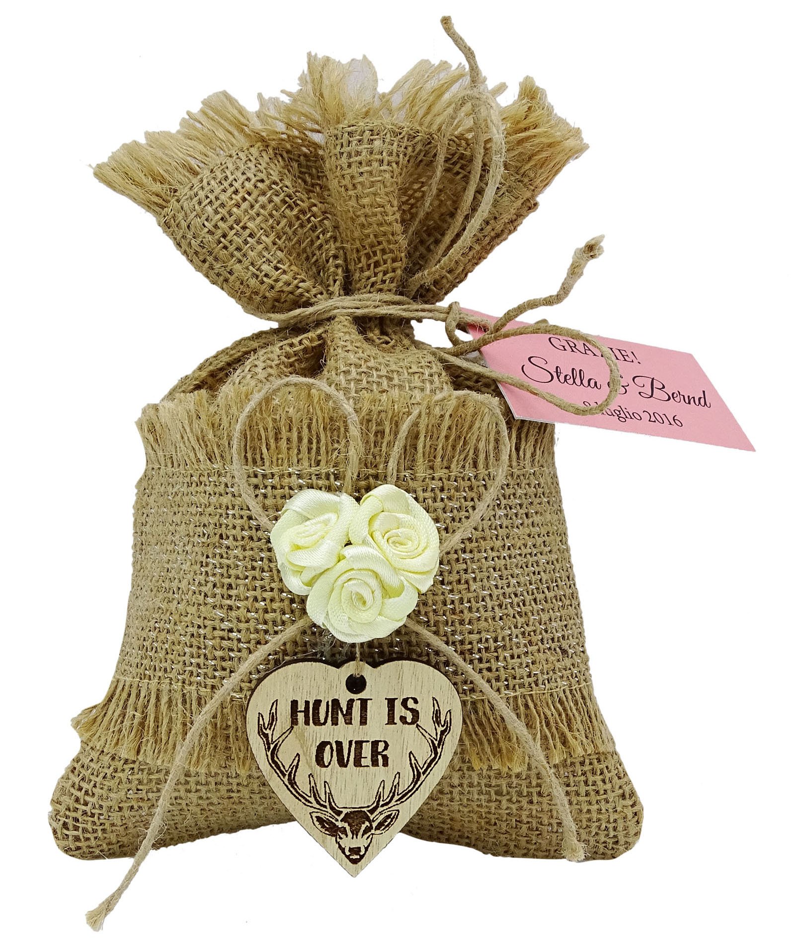 Boda rústica con cordón de yute bolsa de caza ha terminado Charm Pequeño yute Favor Bolsa + rótulos de 4 x 6,5 pulgadas
