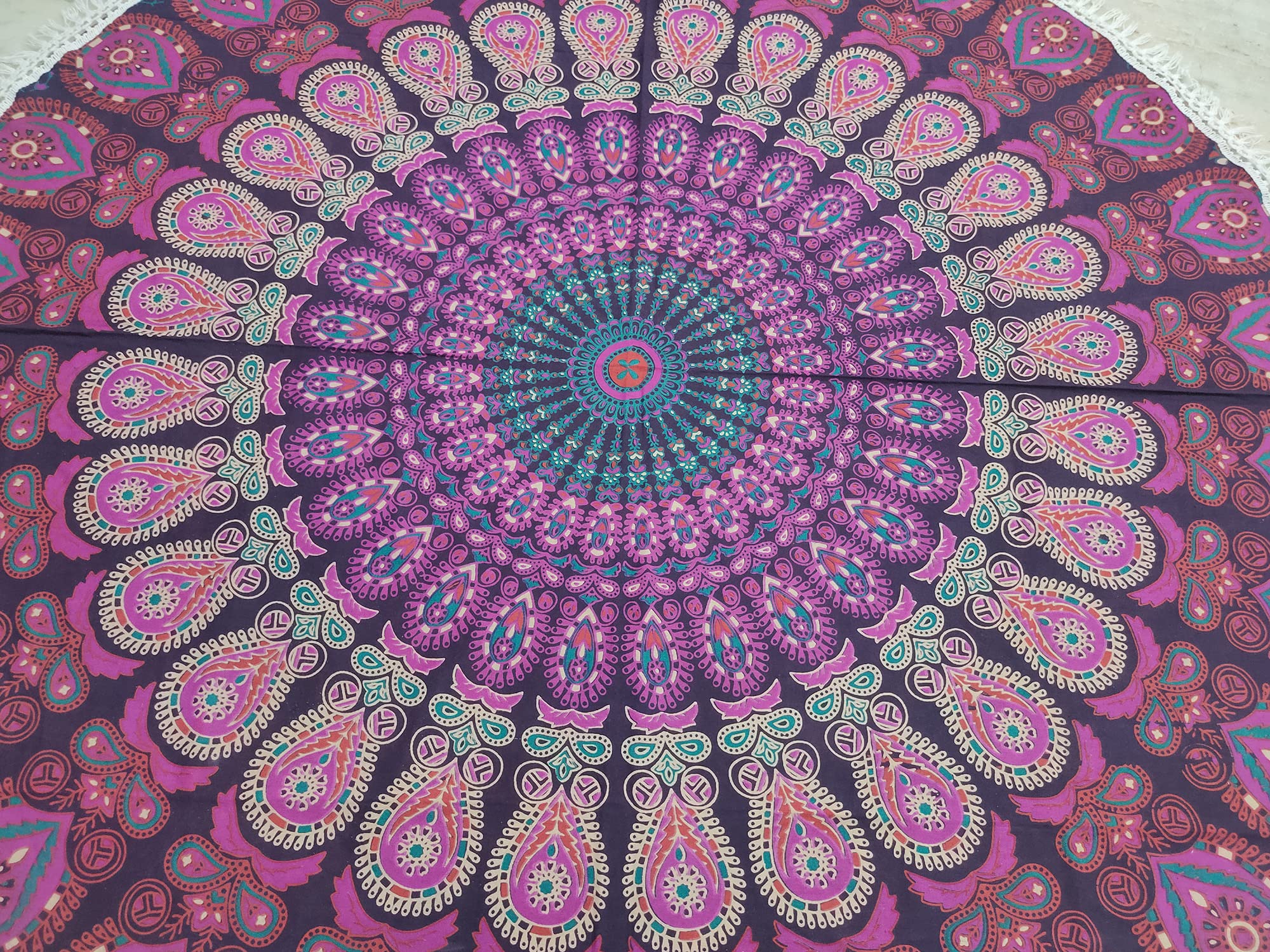 Round Beach Tapestry Turquoise Mandala Throw/Boho Hippie Beach Blanket Roundie/Indian Cotton Bohemian Large Round Table Cloth-Home Decor/Yoga Mat Meditation Picnic Rug (42", White And Pink) 2
