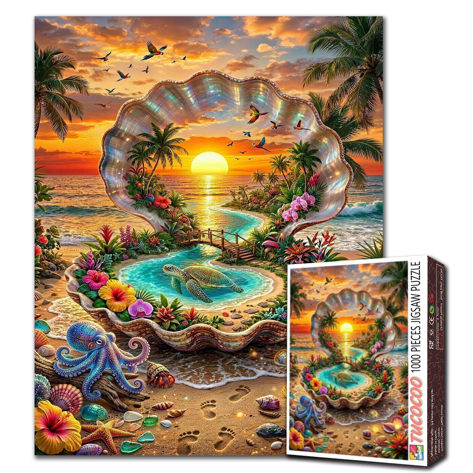 Sunset Beach Seashell Jigsaw Puzzle 1000 Pieces for Adults Tropical Island Sea Turtle Floral Puzzle Ocean Landscape Puzzles Stress Relief Fun Family Activity Gift Home Decor 19.7 x 27.6 Inches