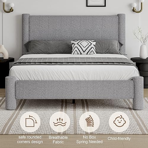 Miniatura 7 de Base de cama tamaño Queen, cama tapizada Boucle con cabecera y estribo, esquinas redondeadas suaves, no requiere somier, fácil montaje, gris claro