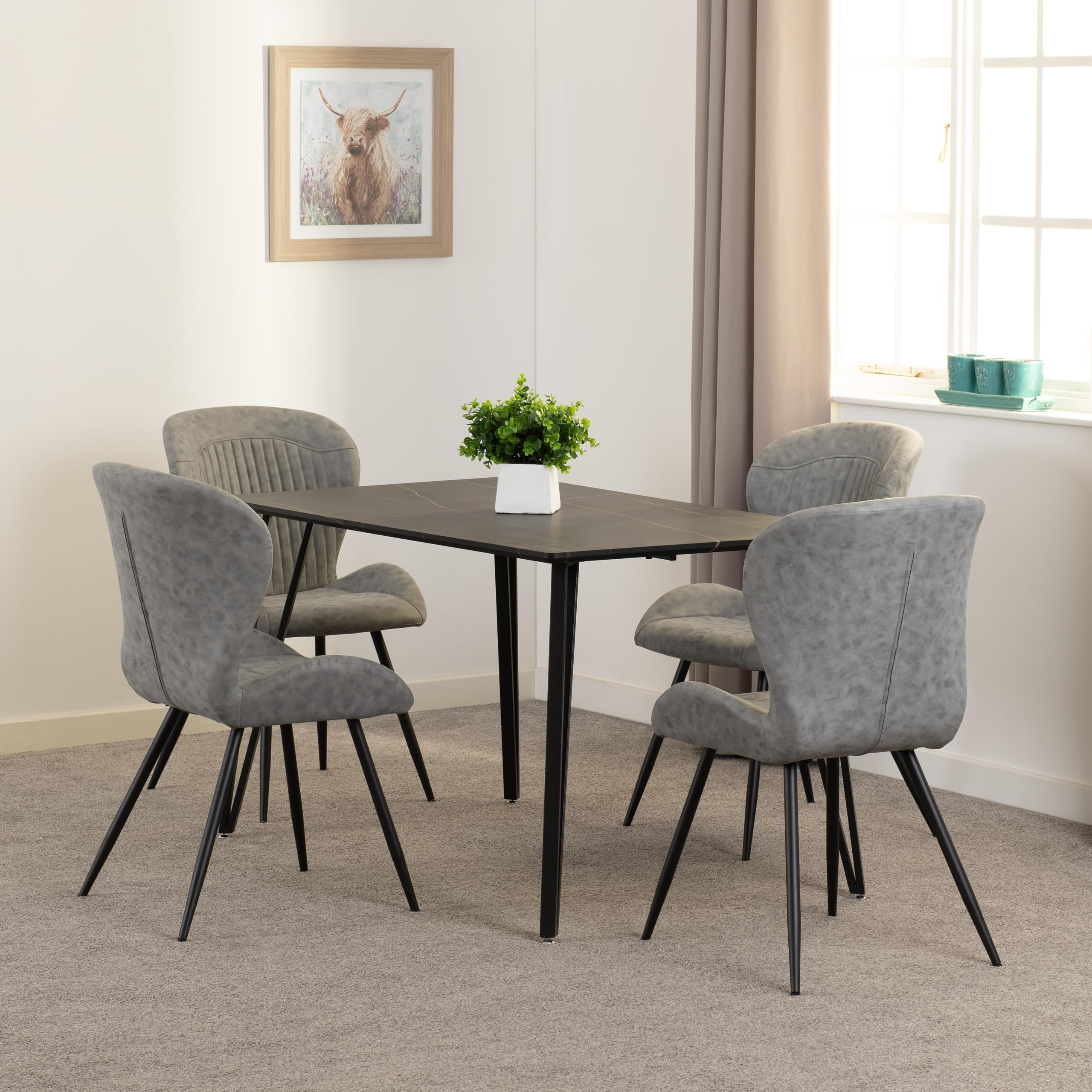 Seconique - Dining Set - 4 Seater - Black Marble Effect - Grey PU