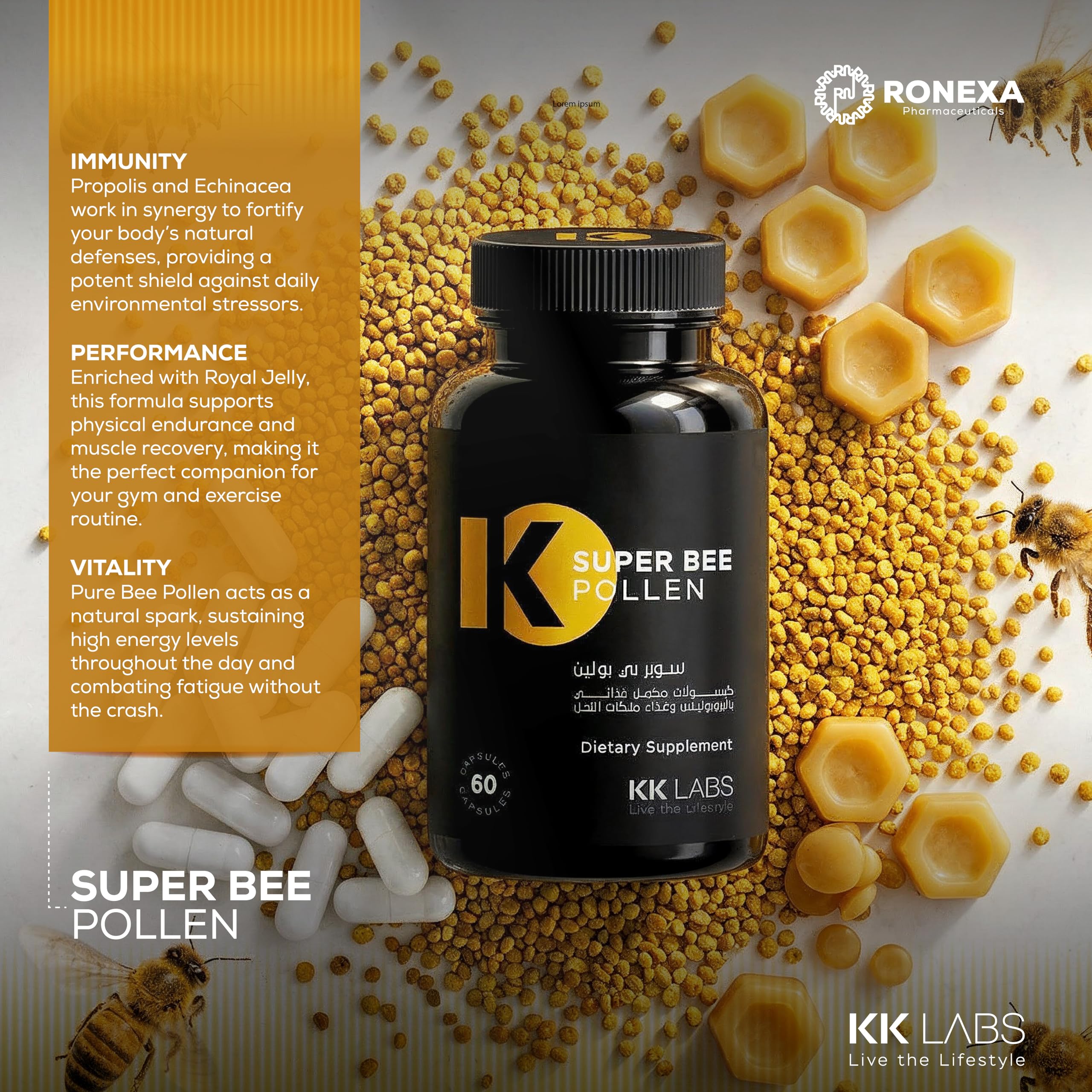 KK Labs Super Bee Pollen 60 Capsules - Natural Bee Pollen, Propolis, Royal Jelly & Echinacea Daily Wellness Supplement for Energy, Vitality & Everyday Support, 30-Day Supply, Men & Women