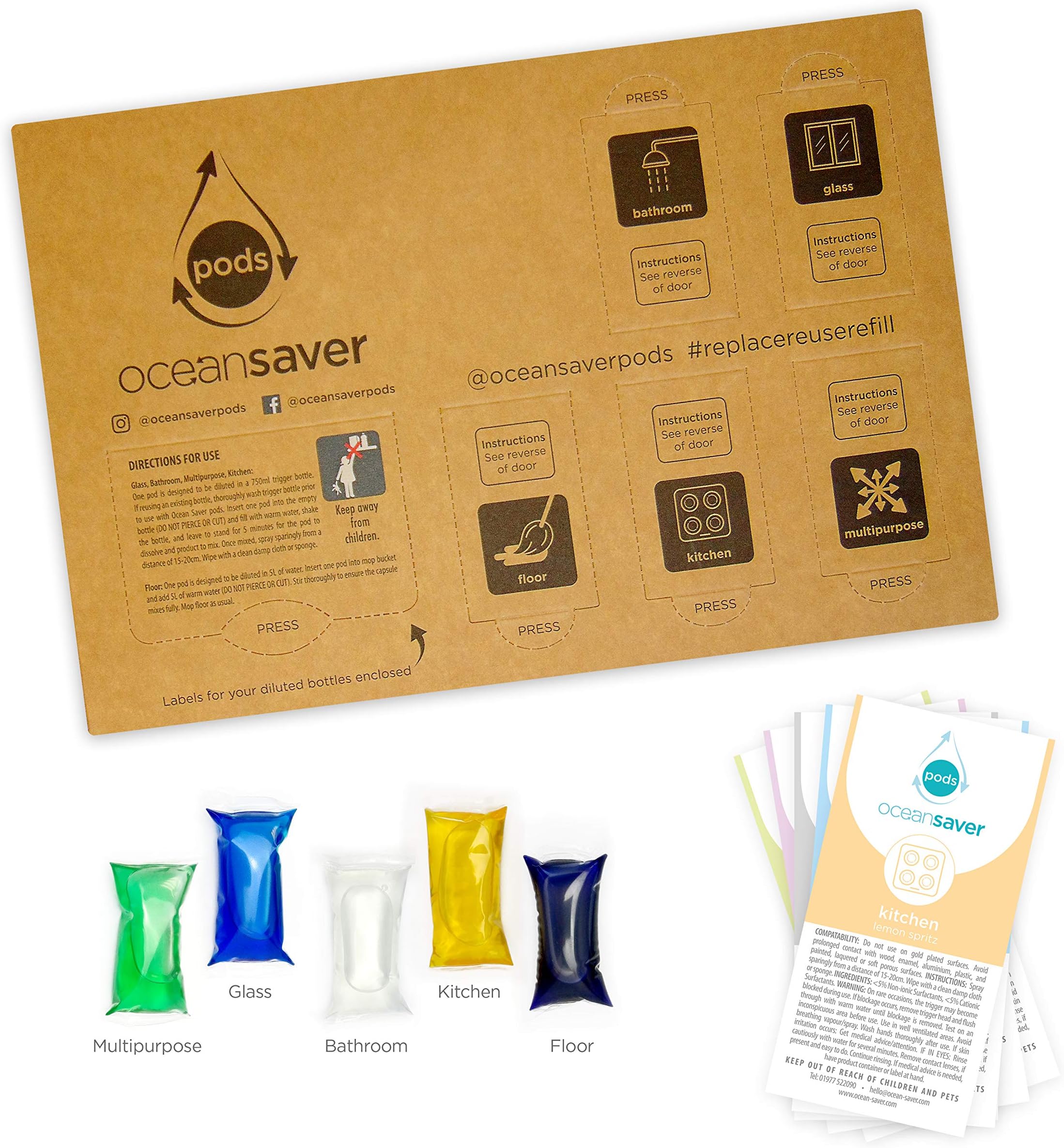 5pk PODS by Ocean Saver | Refills and Reuses 5 x 750ml Bottles of Floor Cleaner, Multi Purpose Cleaner, Kitchen Cleaner, Glass Cleaner and Bathroom Cleaner