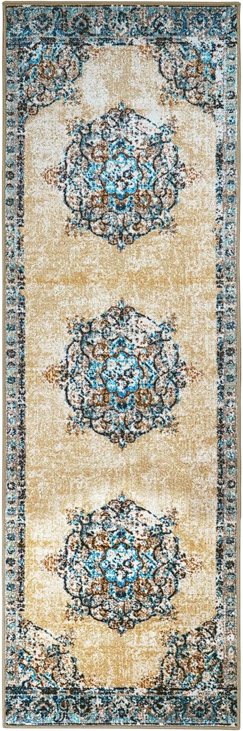 Superior Indoor Non-Slip Runner Rug, Floral Floor Decor, For Living Room, Bedroom, Kitchen, Dining, Decklan, 2' 7" x 8', Cream