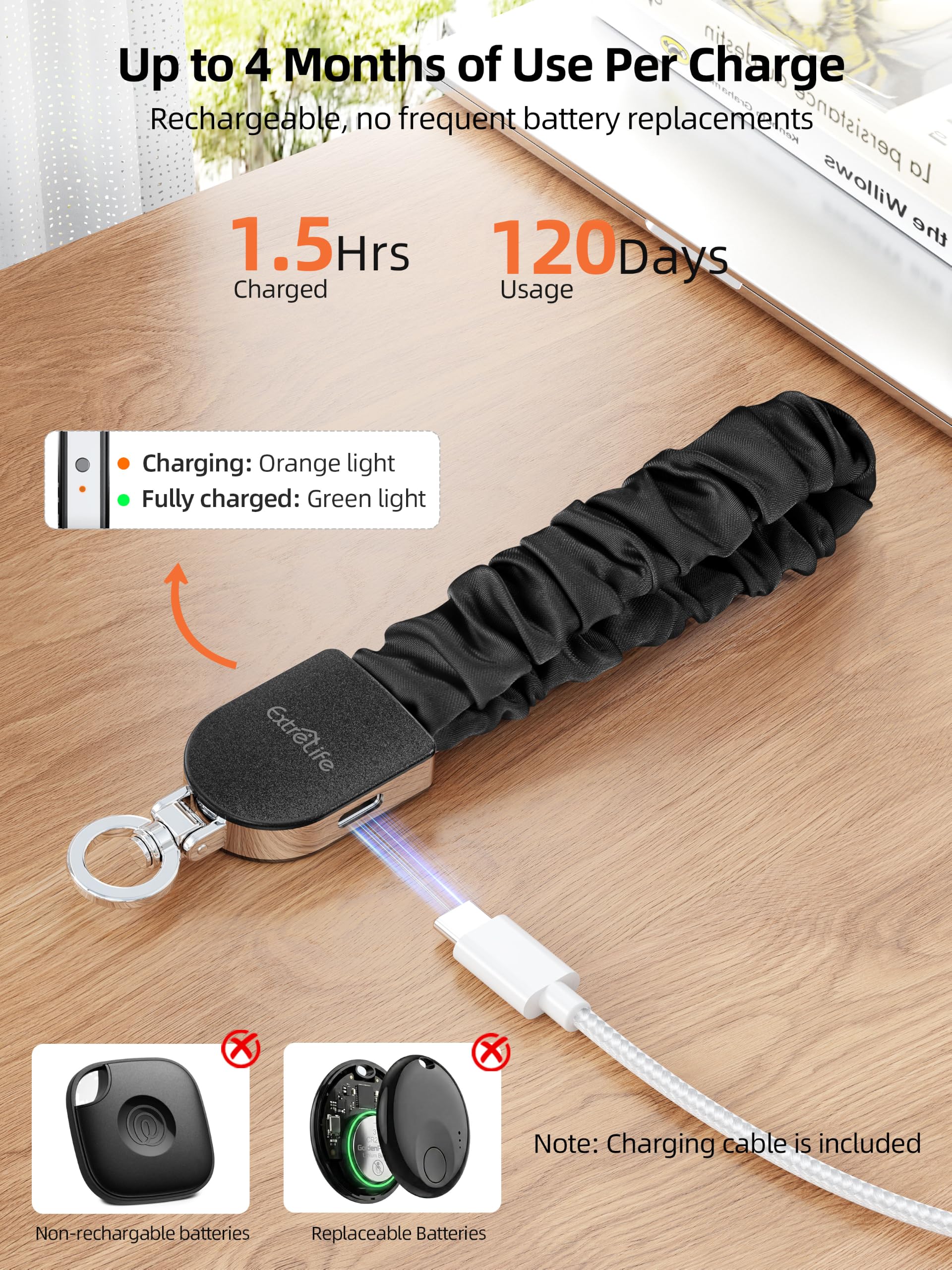 Portachiavi da polso, funziona con Apple Find My, elastico elastico per donne e uomini, portachiavi per auto con localizzatore GPS, cercatore di chiavi intelligenti, ricaricabile, nero e argento