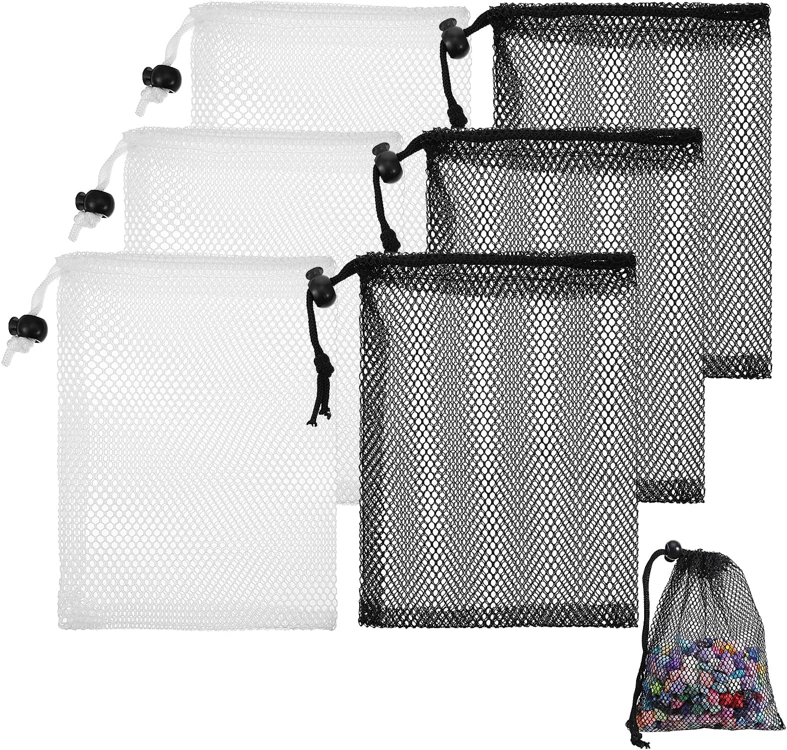 Sibba 6 PCS Small Mesh Bags with Drawstring Mini Mesh Storage Drawstring Bags with Cord Lock Breathable Organizer Mini Net Bag Reusable Laundry Bag for Travel Gym Laundry Toys 20x15 cm Black & White