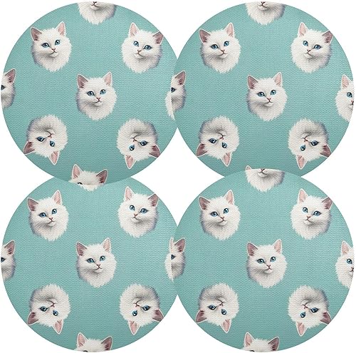 Miniatura 2 de White Cats Blue Teal PVC Placemat, Washable Heat Resistant Table Mats for Kitchen one sizex4