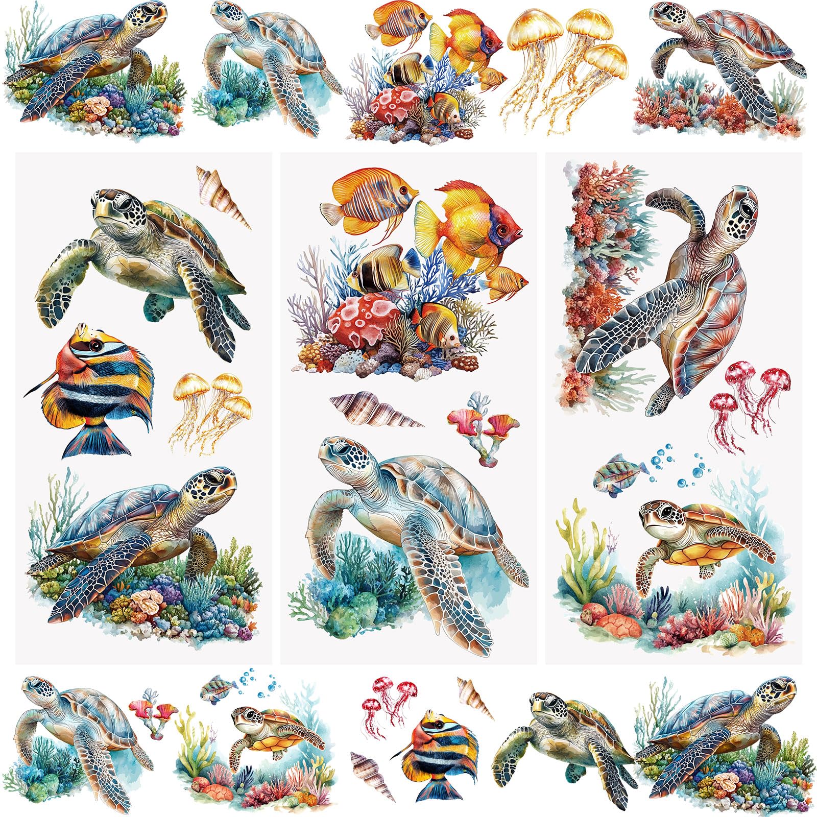 WANDIC 3Pcs Marine Animal Theme Rub On Transfer Sticker,Turtles Sticker Tropical Fish Decal for Present Packaging DIY Scrapbooking Albums Furniture,15 * 30cm
