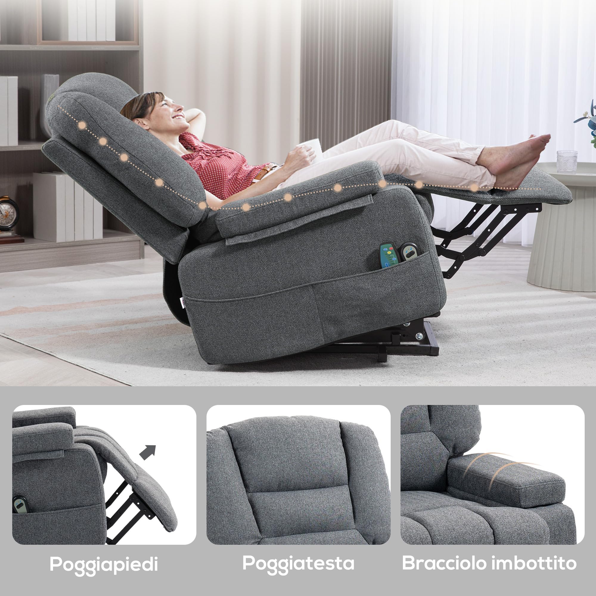 HOMCOM Poltrona Elettrica Alzapersona Reclinabile con 8 Punti Massaggio, Poltrona Relax Elettrica con Braccioli Ripiegabili, Poggiapiedi Riscaldato, Tessuto Effetto Lino, Grigio