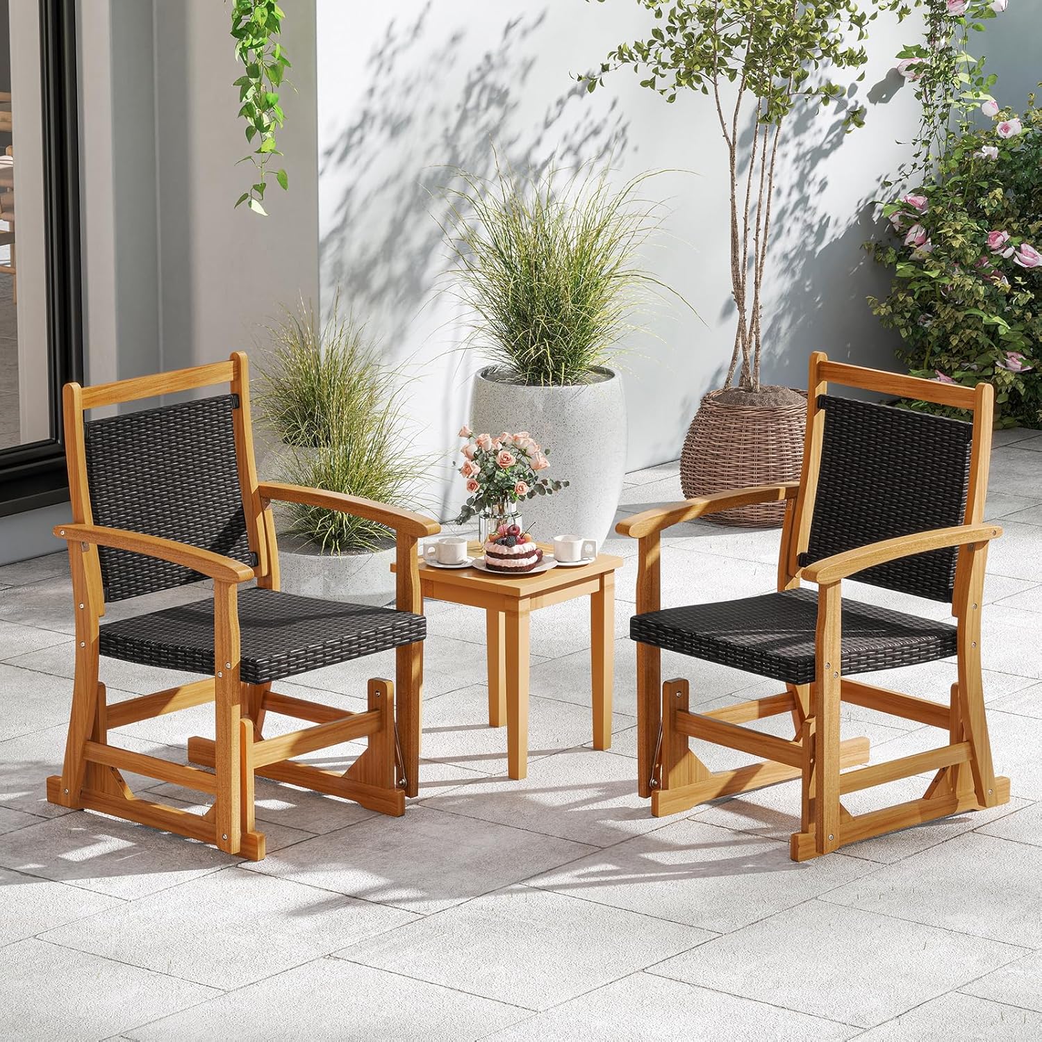 Tangkula Patio Rattan Glider Chair, Swing Gliding Rocker w/Acacia Wood Frame & Wicker Seat Back, Outdoor Rocking Armchair w/Curved Armrests for Porch, Backyard, Poolside (1 Seat)