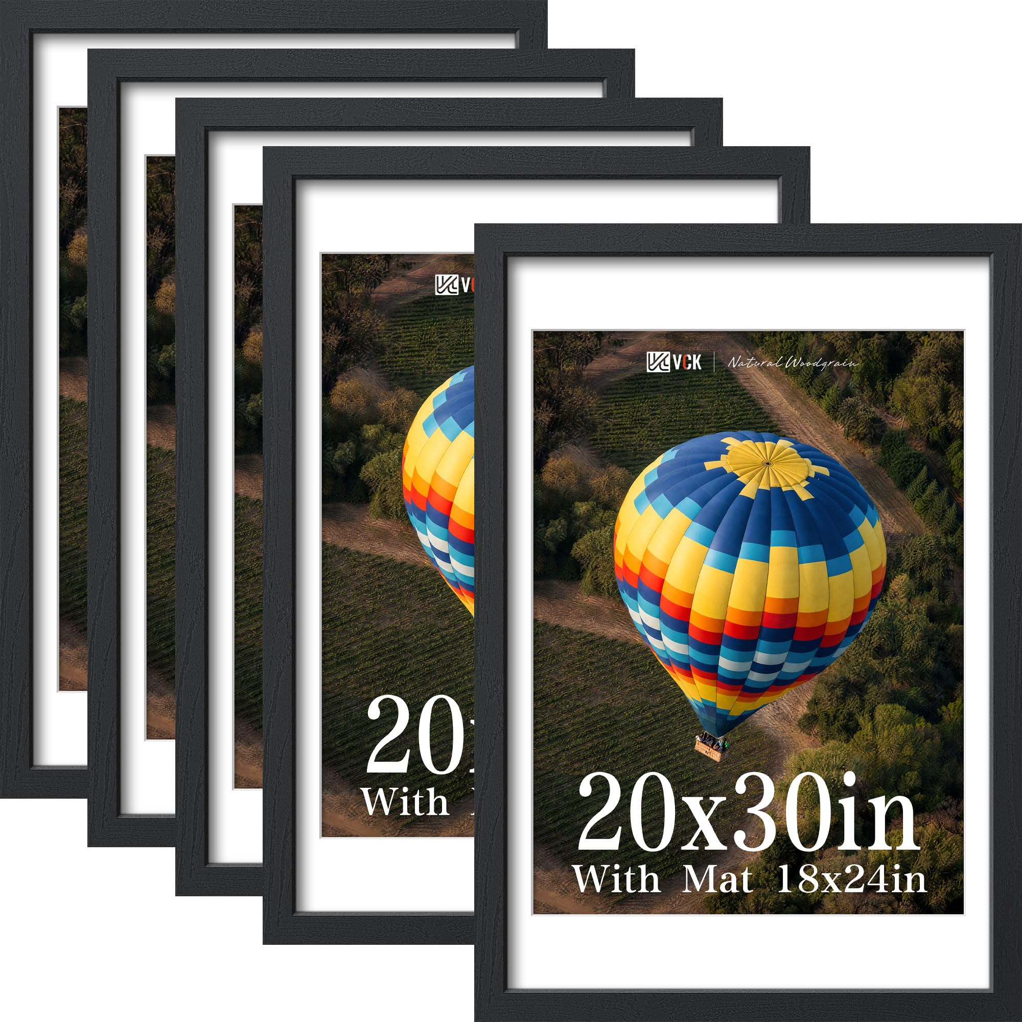 VCK 20x30 Picture Frame 5 Pack, Black Exclusive Wood 18x24 Mat, for Print