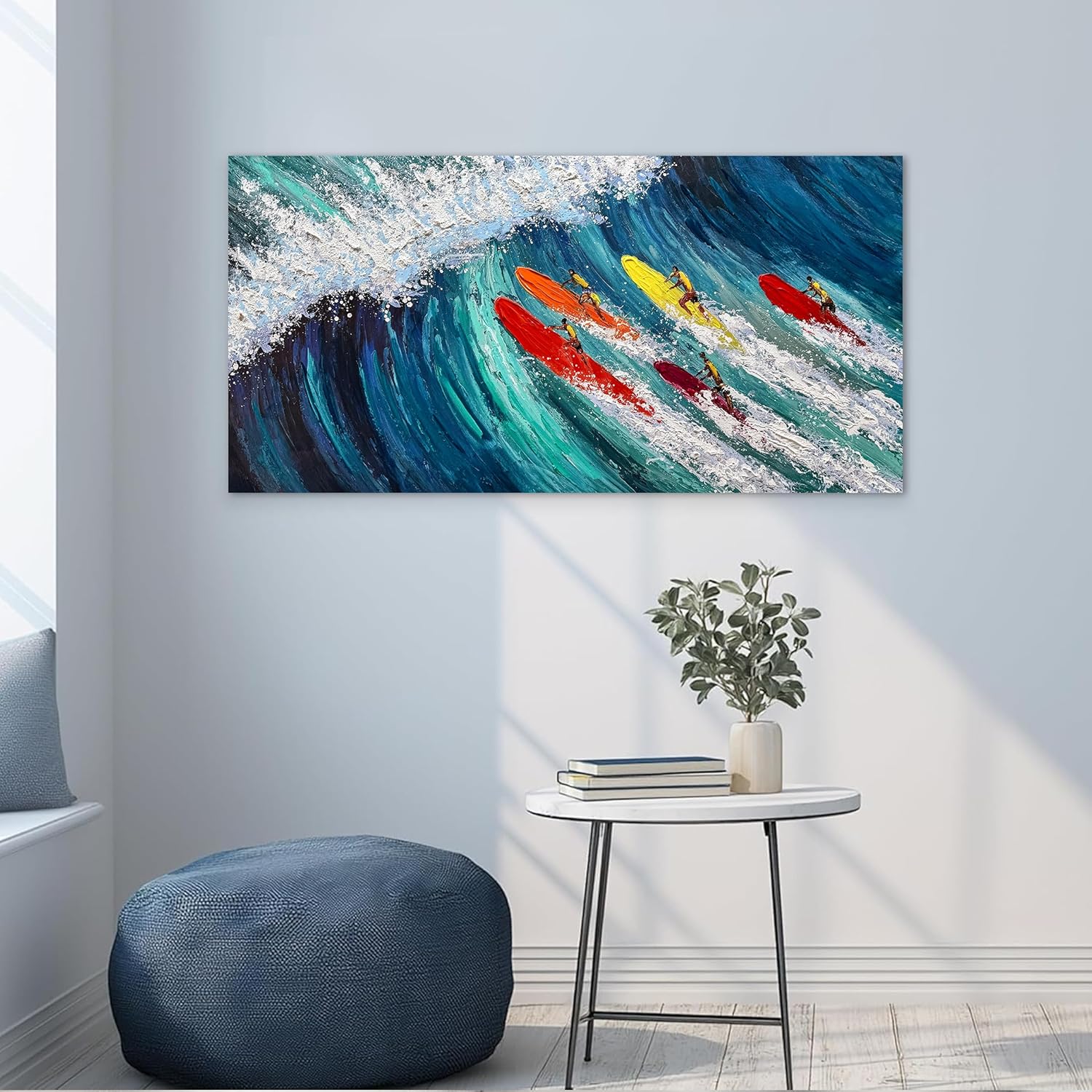 Coastal Canvas Wall Art for Living Room Large Blue Beach Hand Painted Oil Painting Ocean Wave Wall Art Colorful Surfer Artwork Textured Seascape Wall Decor for Bedroom Office Home Decor 20x40 Inch