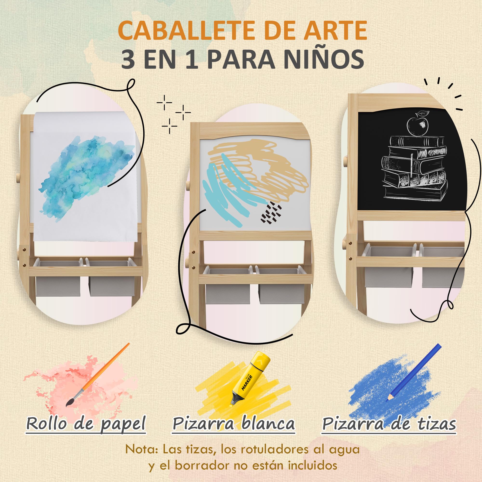 AIYAPLAY Caballete para Niños 3 en 1 de Madera Pizarra Caballete de Doble Cara y Pizarra Blanca para Dibujo con Rollo de Papel y dos Cestas 58x50,5x109 cm Natural