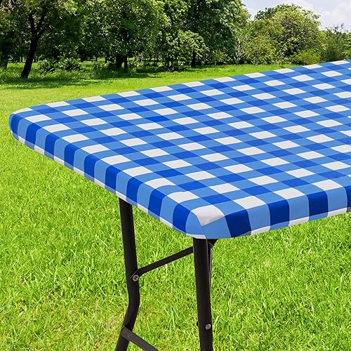 smiry - Mantel de vinilo rectangular para mesa de 8 pies, mantel elástico, ajustado e impermeable, diseño de cuadros, respaldo en franela, para