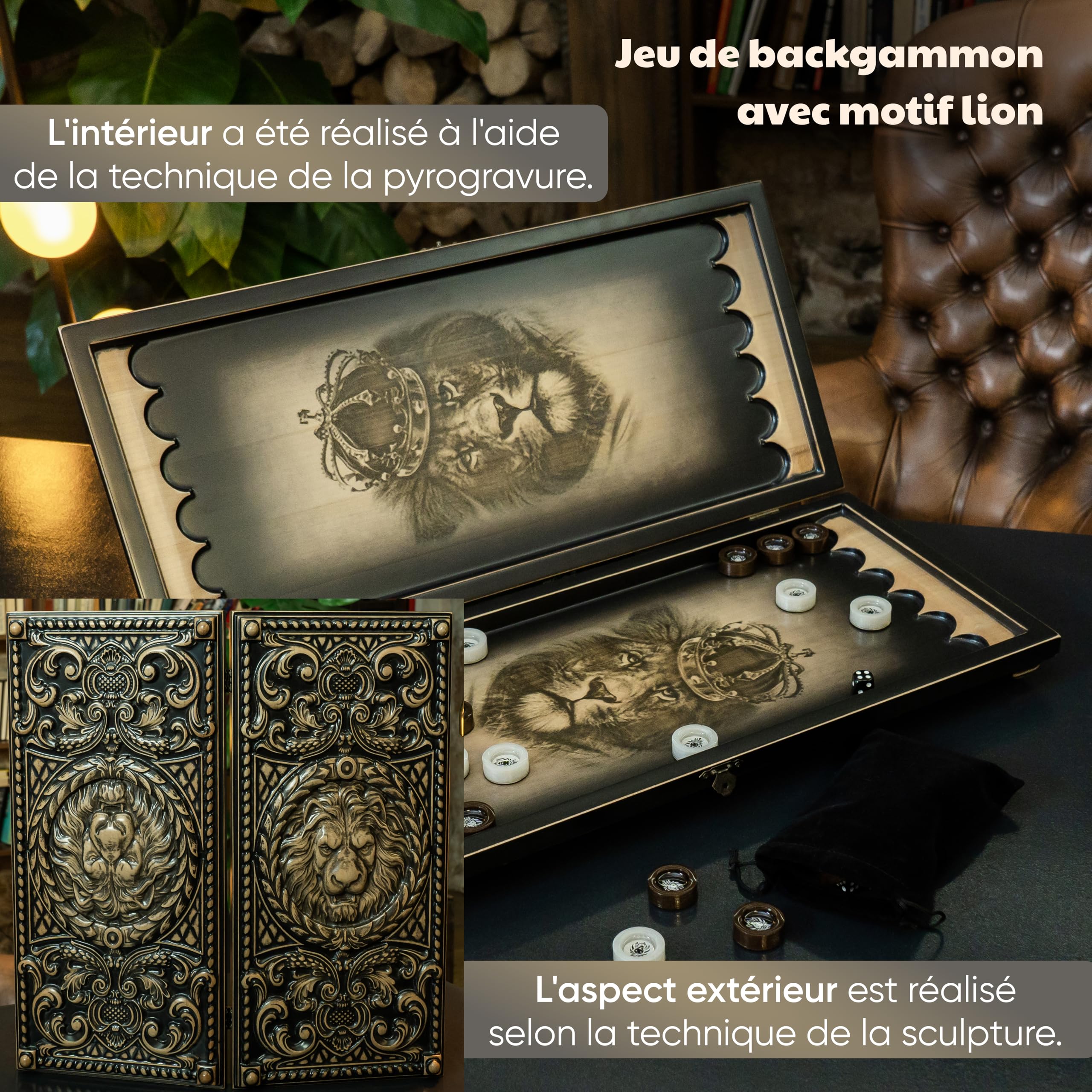 Premium Backgammon en Bois avec Design de Lion et Pièces en Résine Époxy - Fait Main Backgammon Luxe Jeux de Société Adulte 2 Joueurs Backgammon Grande Taille