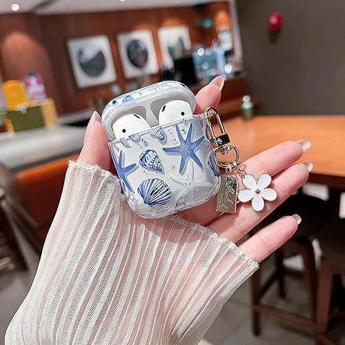 Miniatura 5 de MINSCOSE Funda transparente compatible con AirPods 1 y 2, bonito diseño de patrón de conchas y estrellas de mar con llavero, funda protectora de TPU