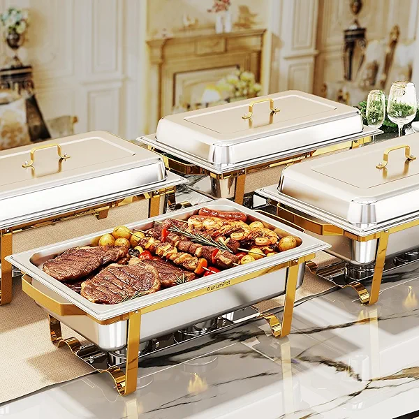 Chafing Dishes for Buffet 4 Pack, 9.5QT Food Warmers for Parties Buffet, Christmas Gatherings [Elegant Gold and Silver Colors] New upgrade Food Grade Stainless Steel,Buffet Servers and Warmers