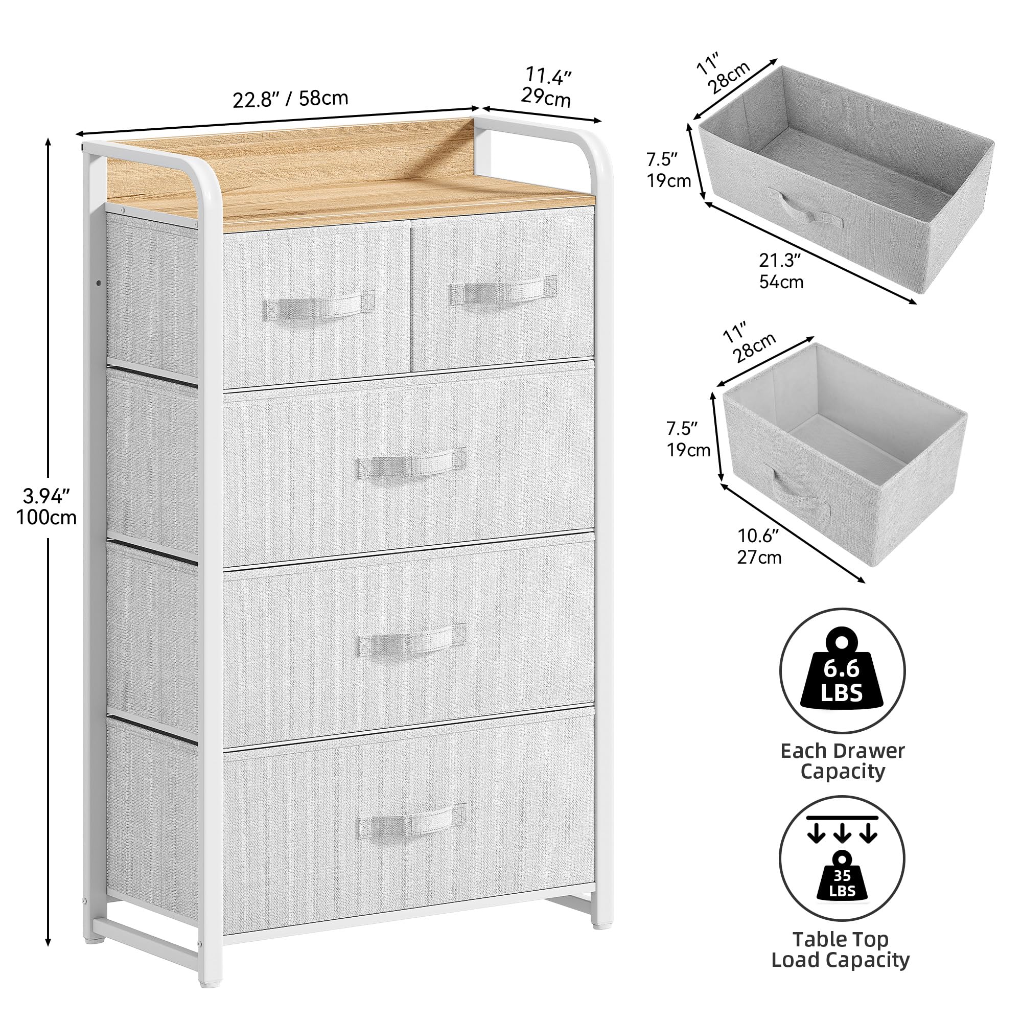 COSTWAY Cassettiera a 5 Cassetti in Tessuto, Cassettiera per Camera da Letto in Legno Rustico, Cassettiera Cameretta Salvaspazio per Soggiorno, Corridoio, Cucina (Grigio, 67,5 x 38,5 x 97 cm