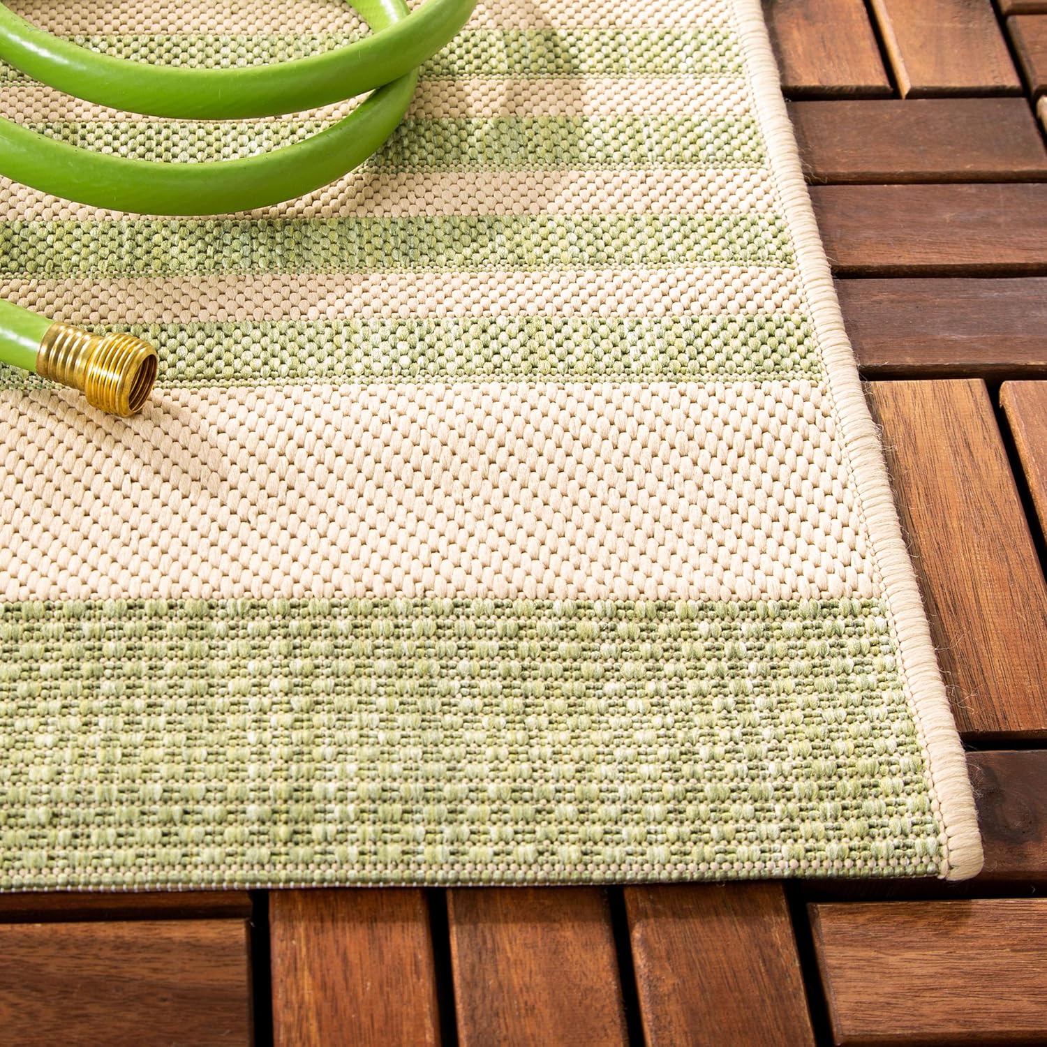 Beige and Sweet Pea Striped Easy-Care Synthetic Area Rug 6'7" x 9'6"