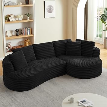 DEINPPA 120.9" Oversized Curved Sectional Sofa, Modern Comfy Corduroy Couch for Living Room, L Shaped Sofa with Right Chaise and Pillows, No Assembly Required-Black