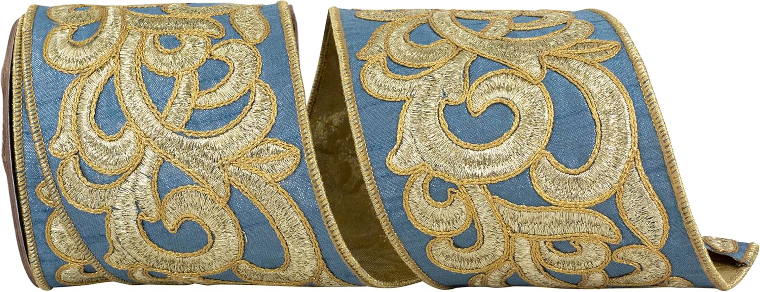 Reliant Ribbon Scroll Embroidery Deluxe Metallic Dupioni Backed Wired Edge Ribbon, French Blue