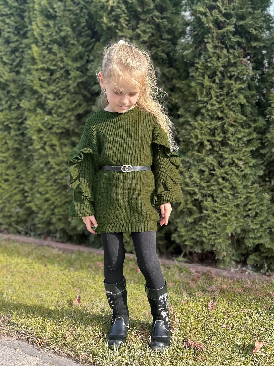 Arshiner Girls Long Lantern Sleeve Sweaters Crew Neck Knit Pullover Jumper Top - Image 3