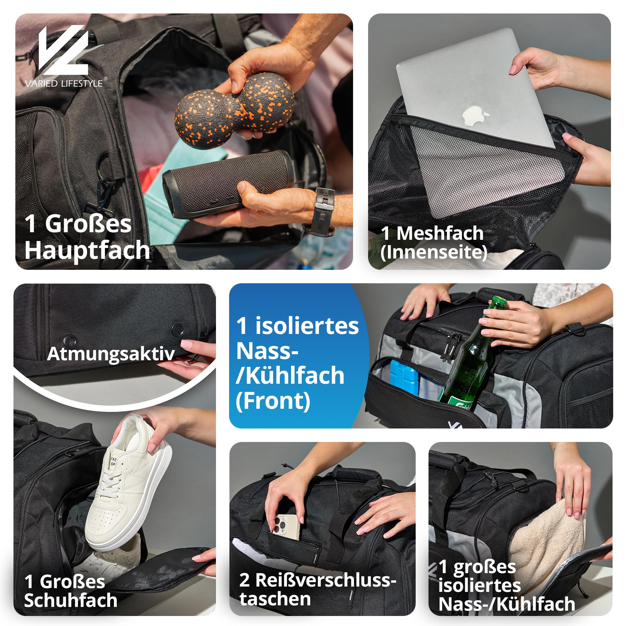 Borsa sportiva – Varianti (Parent), nero/argento, L, Borsa sportiva con scomparto per scarpe e scomparto umido e scomparto refrigerante