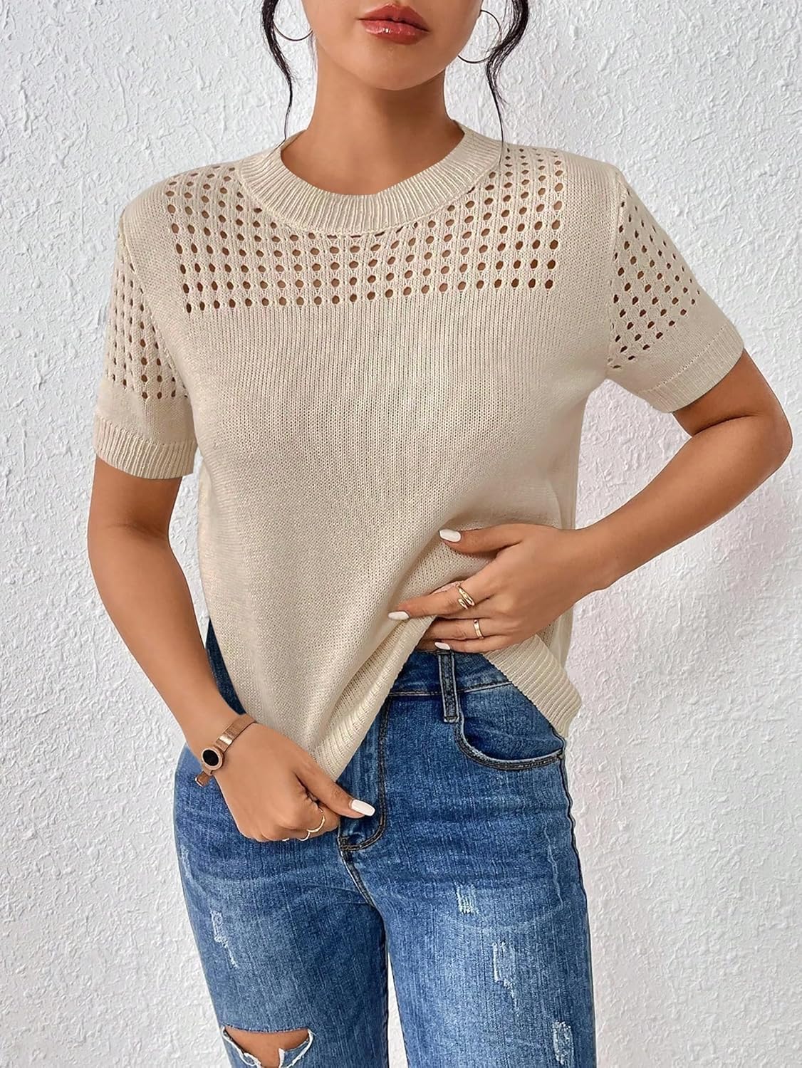 Short Sleeve Sweaters for Women 2026 Casual Crewneck Summer Shirts Lightweight Hollow Out Knit Sweater Tops - Image 4