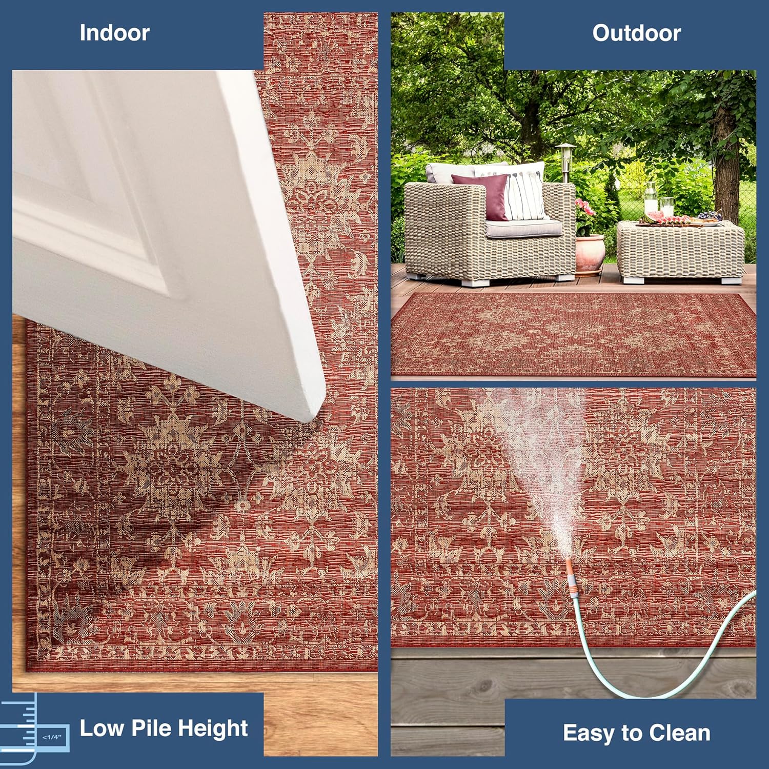 Liora Manne Carmel Indoor/Outdoor Power Loomed Synthetic Blend Low Profile Area Rug - Traditional Medallion Botanical Floral Decorative (Vintage Floral Chili) (1'11" x 7'6")