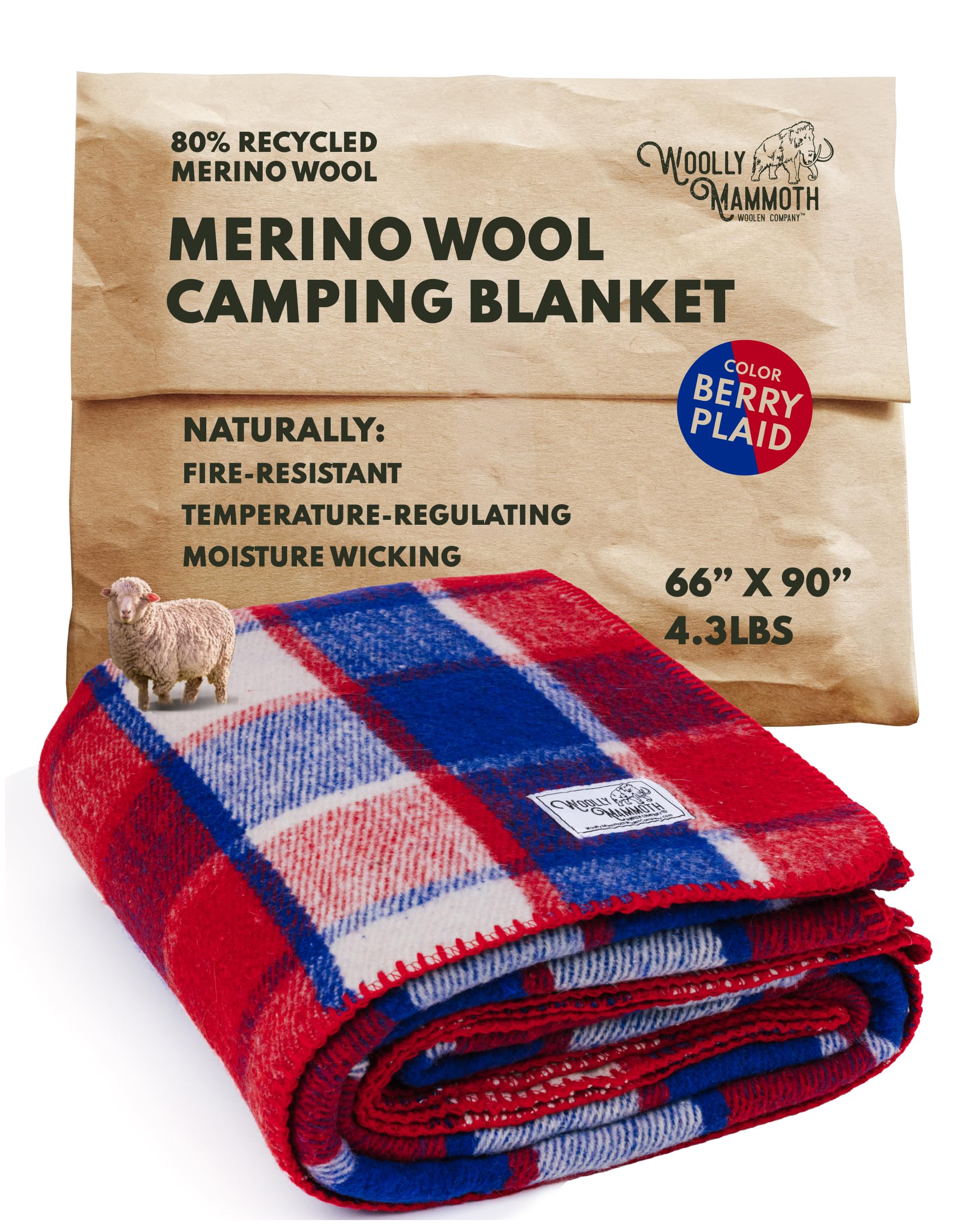 Woolly Mammoth Woolen Company Camping Blanket - 66 x 90 in, Red/White & Blue Plaid - Merino Heavyweight Wool Outdoor Throw Blanket - Backpacking Essential for Cold Weather Camping