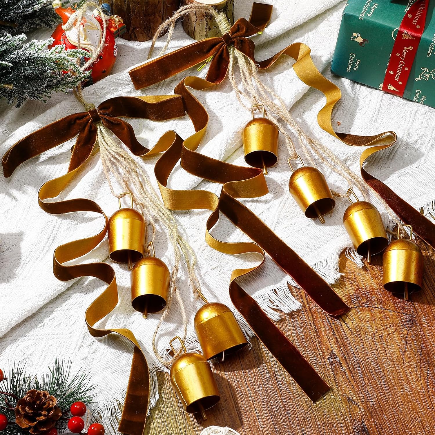 Suncalla 2 Pcs Christmas Cow Bells with 8 Pcs Brown Velvet Bows Vintage Rustic Gold Bell with Velvet Ribbon Bows for Xmas Tree Wall Home Mantel Banister Decor Wreath Garland Garden Indoor Outdoor