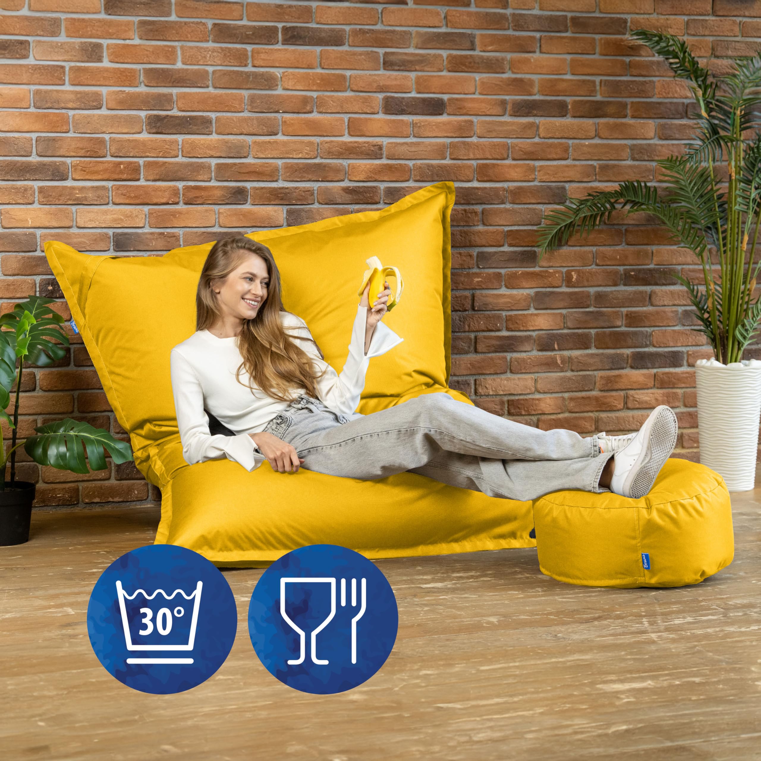 Bruni Pouf géant Caree Jaune – Pouf rectangulaire XXL 140 x 180 cm 400 l housse amovible intérieur extérieur Fabriqué en Allemagne