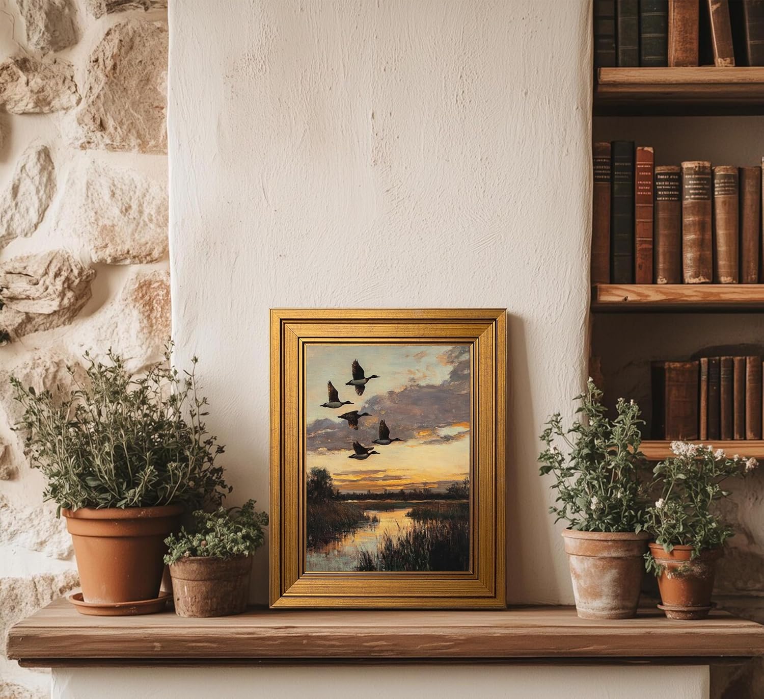 Gold Framed Vintage Flying Duck Canvas Wall Art Countryside Mallard Landscape Painting Picture Wall Decor Retro Rustic Farmhouse Animal Poster Print Artwork for Living Room Bedroom Hallway 12x16in