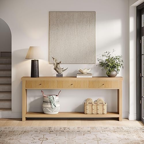 Miniatura 3 de Tribesigns Mesa consola de 70.9 pulgadas con 3 cajones, mesa de entrada extra larga, mesa de sofá de madera de roble con estantes de almacenamiento