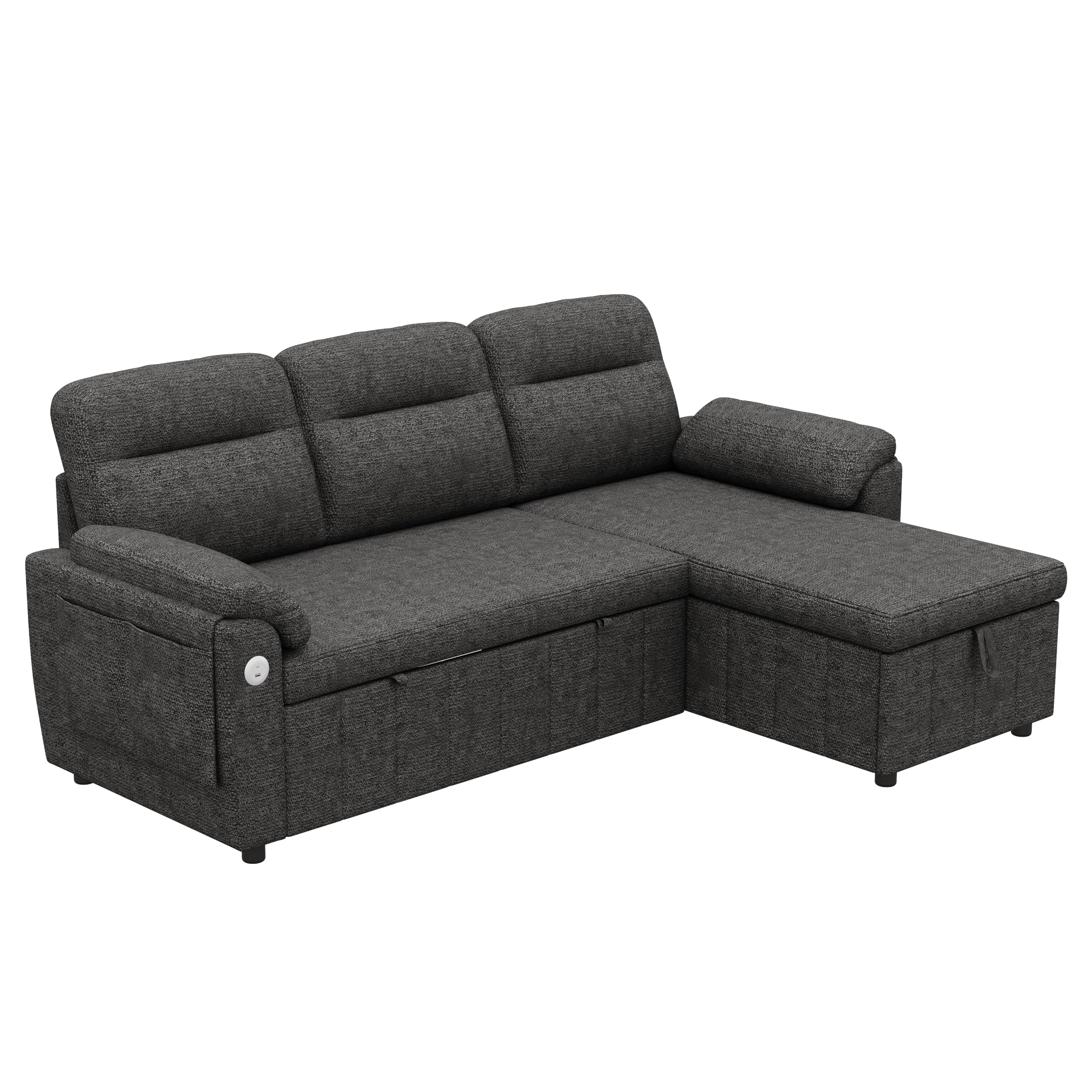 Sofá modular de 3 plazas con función cama extensible y USB/Type-C, sofá esquinero en forma de L con reposacabezas semifijos y compartimento de almacenamiento, sofás con chaise longue